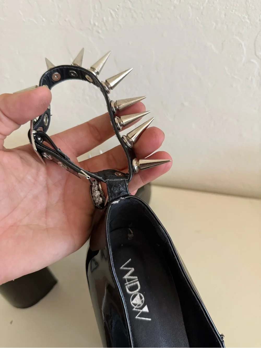Black Patent Platform Mary Jane Heels with Silver Spikes